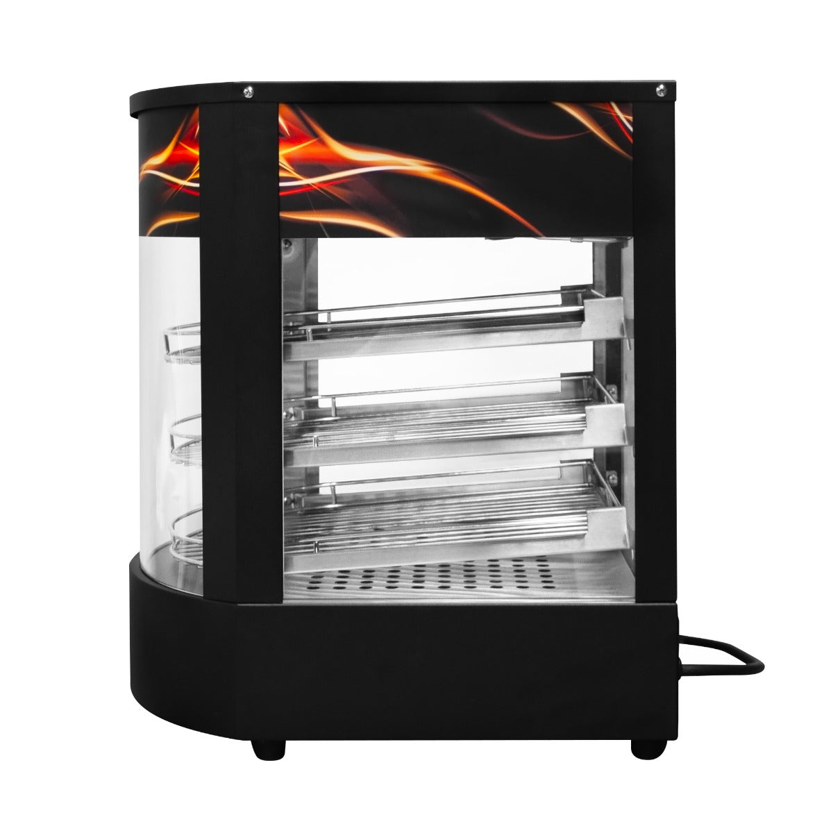 Gewerblicher Speisenwärmer aus schwarzem Metall mit transparenten Glasfronten, drei Edelstahlregalen und modernem, feuerähnlichem Design