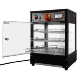 Gewerblicher Speisenwärmer mit Glasfront, zwei verstellbaren Regalen, schwarzem Gehäuse und orangefarbenem Bedienknopf, ideal für die Präsentation von Pizza