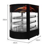 Gewerblicher Speisenwärmer mit Glasfront, drei verstellbaren Regalen, schwarzem Gehäuse und dekorativem Flammendesign, ideal für die Präsentation von Pizza