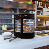 Gewerblicher Speisenwärmer mit Glasfront, schwarzem Gehäuse und mehreren Etagen, ideal für die Präsentation von Pizzen in einem modernen Restaurant