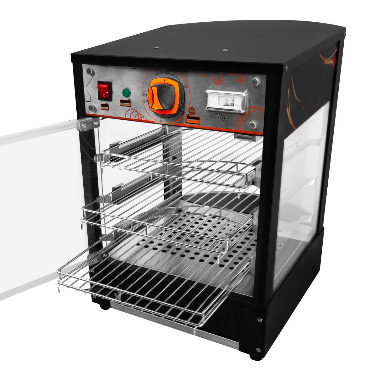 Gewerblicher Speisenwärmer mit schwarzem Gehäuse, transparenten Glastüren, verstellbaren Metallregalen und orangefarbenen Bedienelementen für Pizza und Snacks