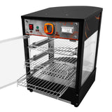 Gewerblicher Speisenwärmer mit schwarzem Gehäuse, transparenten Glastüren, verstellbaren Metallregalen und orangefarbenen Bedienelementen für Pizza und Snacks