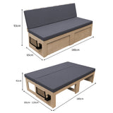 Gemütliches Camper Van Bett in Holzoptik mit grauem, gepolstertem Bezug, klappbar und platzsparend, Maße: 180cm x 65cm x 93cm