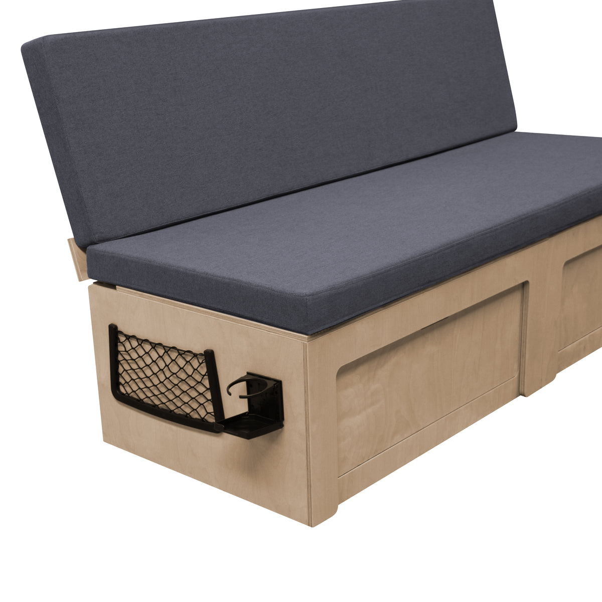 L-förmiges Bett für Wohnmobile mit grauem Kissen, Holzrahmen und Stauraum, ideal als verschiebbares Sofa für kleine Räume