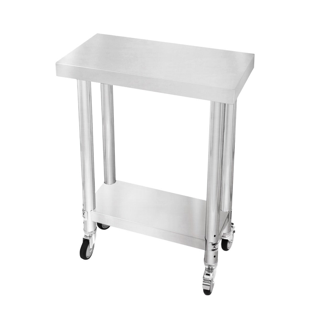 Edelstahl Arbeitstisch mit einer glatten, silbernen Oberfläche, zwei stabilen Beinen und Rollen für einfache Mobilität, ideal für Küchen und Werkstätten