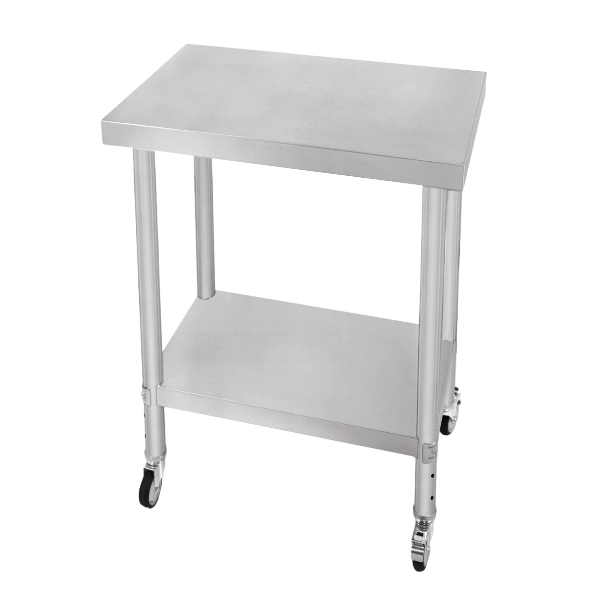 Edelstahl Arbeitstisch in silberner Farbe, 60cm x 45cm x 86cm, mit glatter Oberfläche und praktischer Ablage, ausgestattet mit Rollen für Mobilität