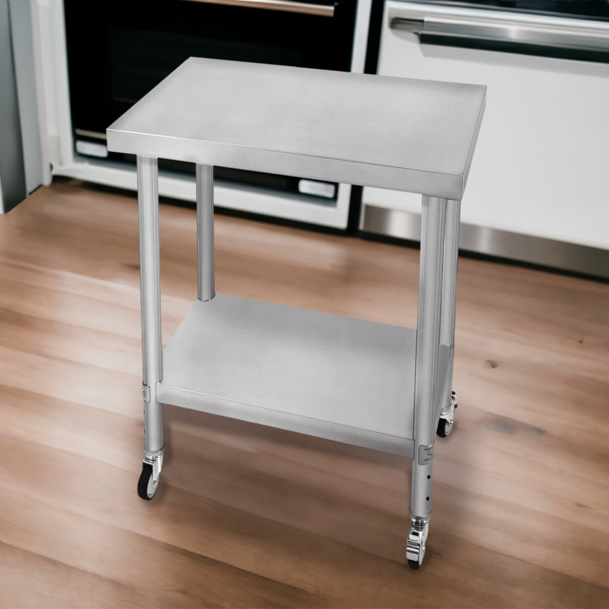 Edelstahl Arbeitstisch mit zwei Ebenen, 60cm x 45cm x 86cm, glatte Oberfläche, stabile Beine und Rollen für einfache Mobilität, ideal für Küchen und Werkstätten