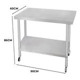 Edelstahl Arbeitstisch mit Maßen 60cm x 90cm x 86cm, stabiler Rahmen, glatte Oberfläche, praktische untere Ablage und Rollen für einfache Mobilität