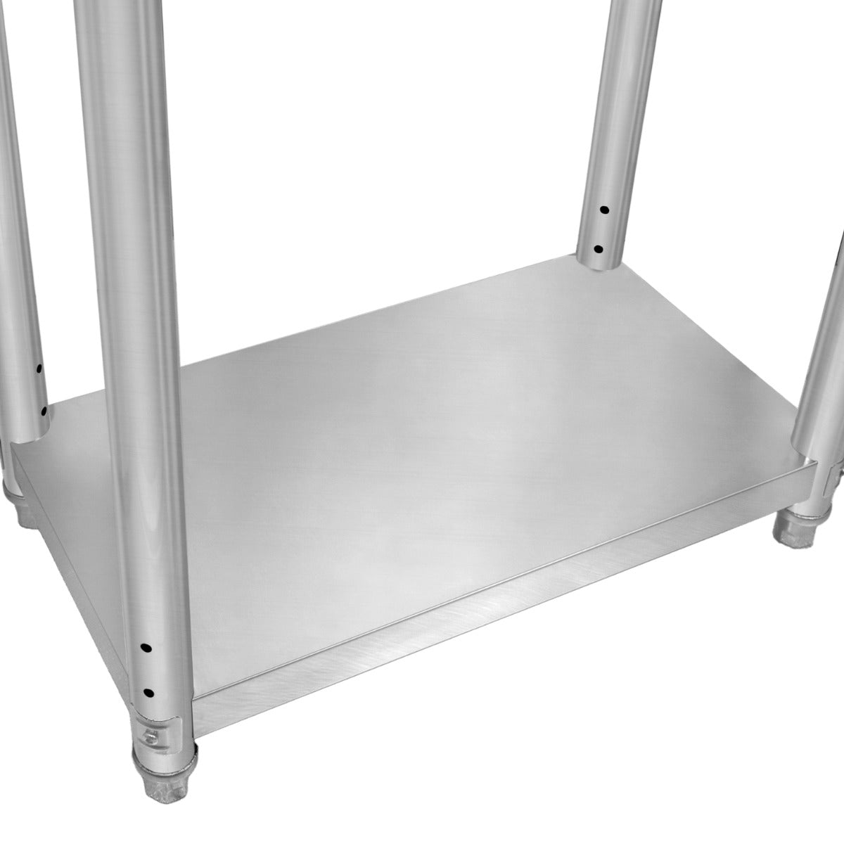 Edelstahl Arbeitstisch mit glatter, glänzender Oberfläche, stabilen Beinen und einer praktischen Ablagefläche, ideal für Küchen und Werkstätten