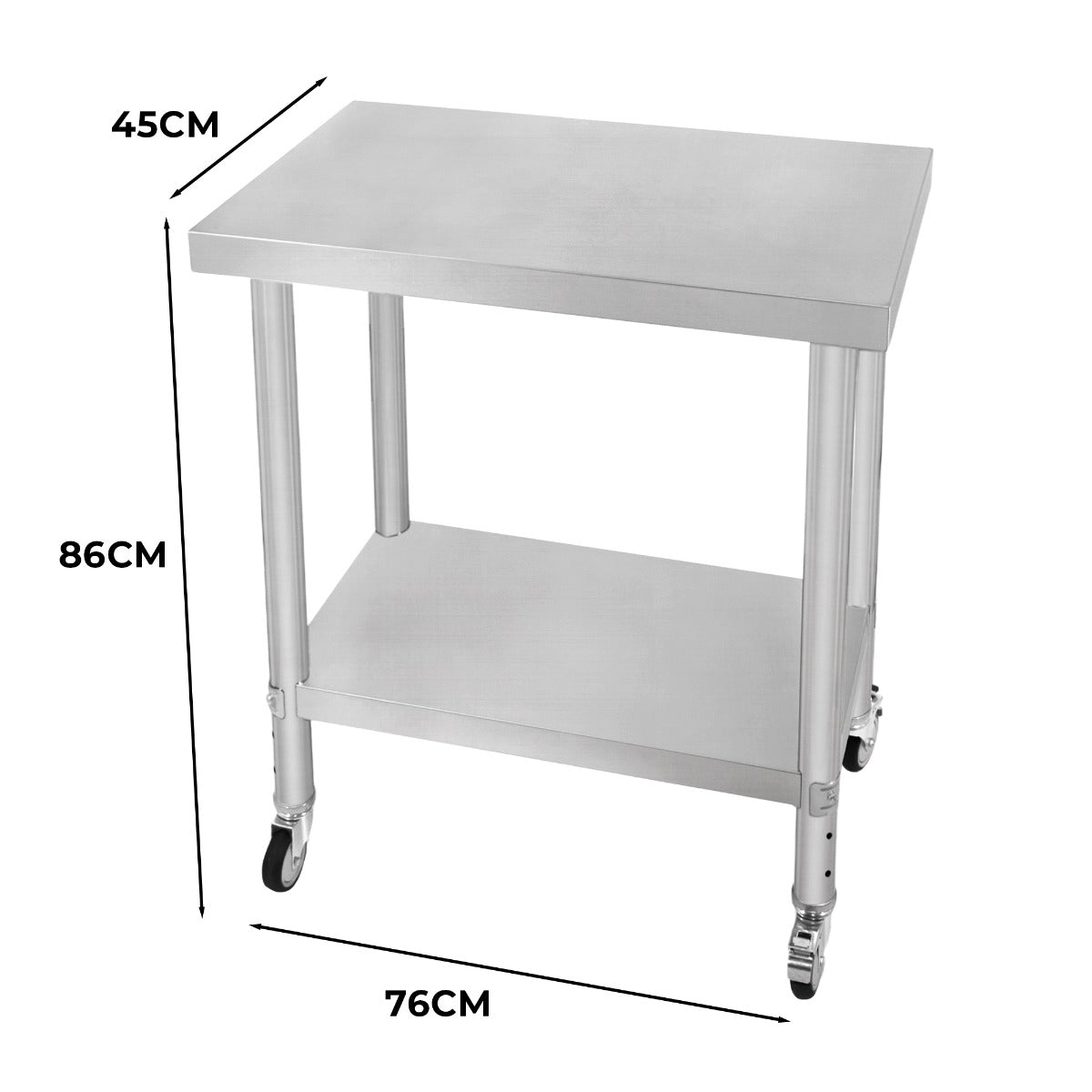 Edelstahl Arbeitstisch mit einer glatten, glänzenden Oberfläche, stabilen Beinen und praktischen Rollen, ideal für Küchen und Werkstätten