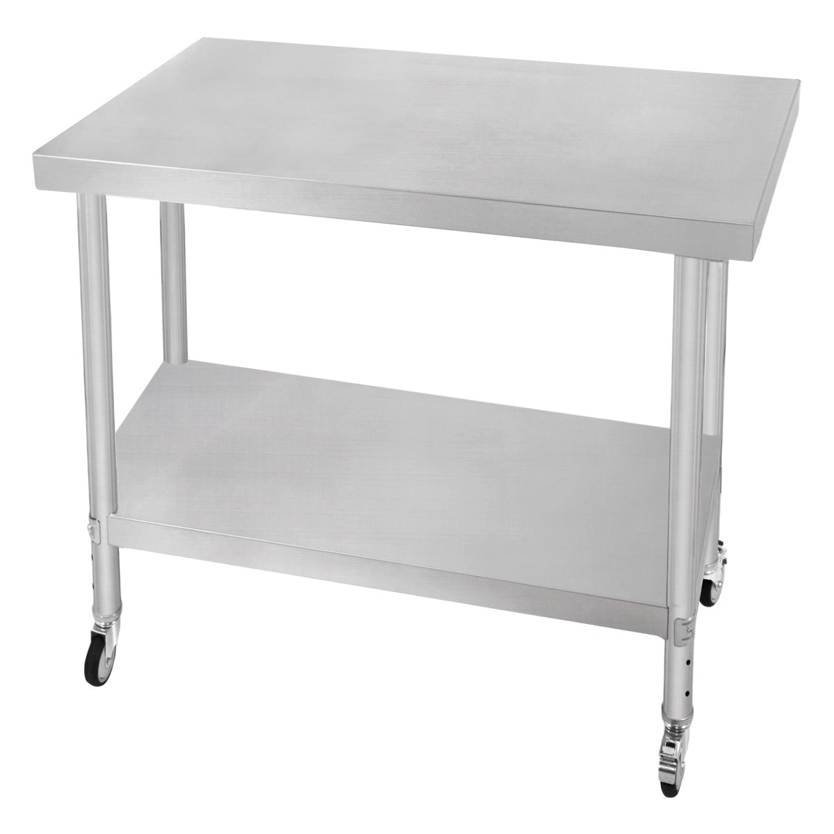 Edelstahl Arbeitstisch mit glatter Oberfläche, zwei stabilen Beinen und praktischer Ablage, ideal für Küchen und Werkstätten, mobil durch Rollen