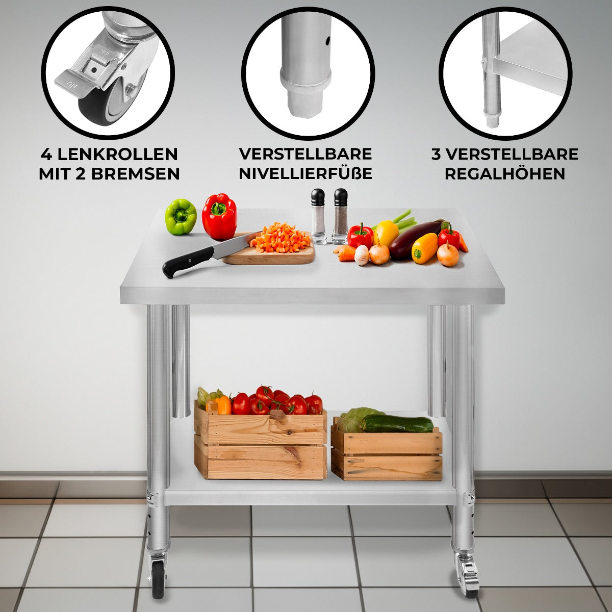 Edelstahl-Arbeitstisch mit 76cm x 90cm, verstellbaren Füßen, 4 Lenkrollen, frischem Gemüse, Schneidebrett und Gewürzen auf der Arbeitsfläche