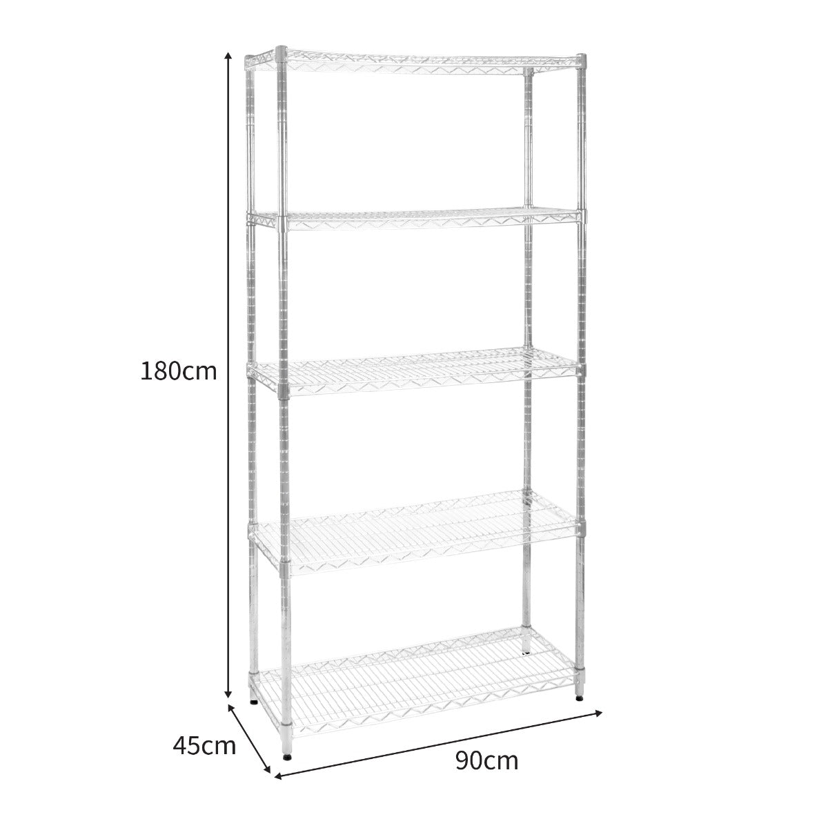 Drahtregal in Silber, 45 cm breit, 90 cm tief und 180 cm hoch, mit vier stabilen Regalböden für optimale Aufbewahrung und Organisation