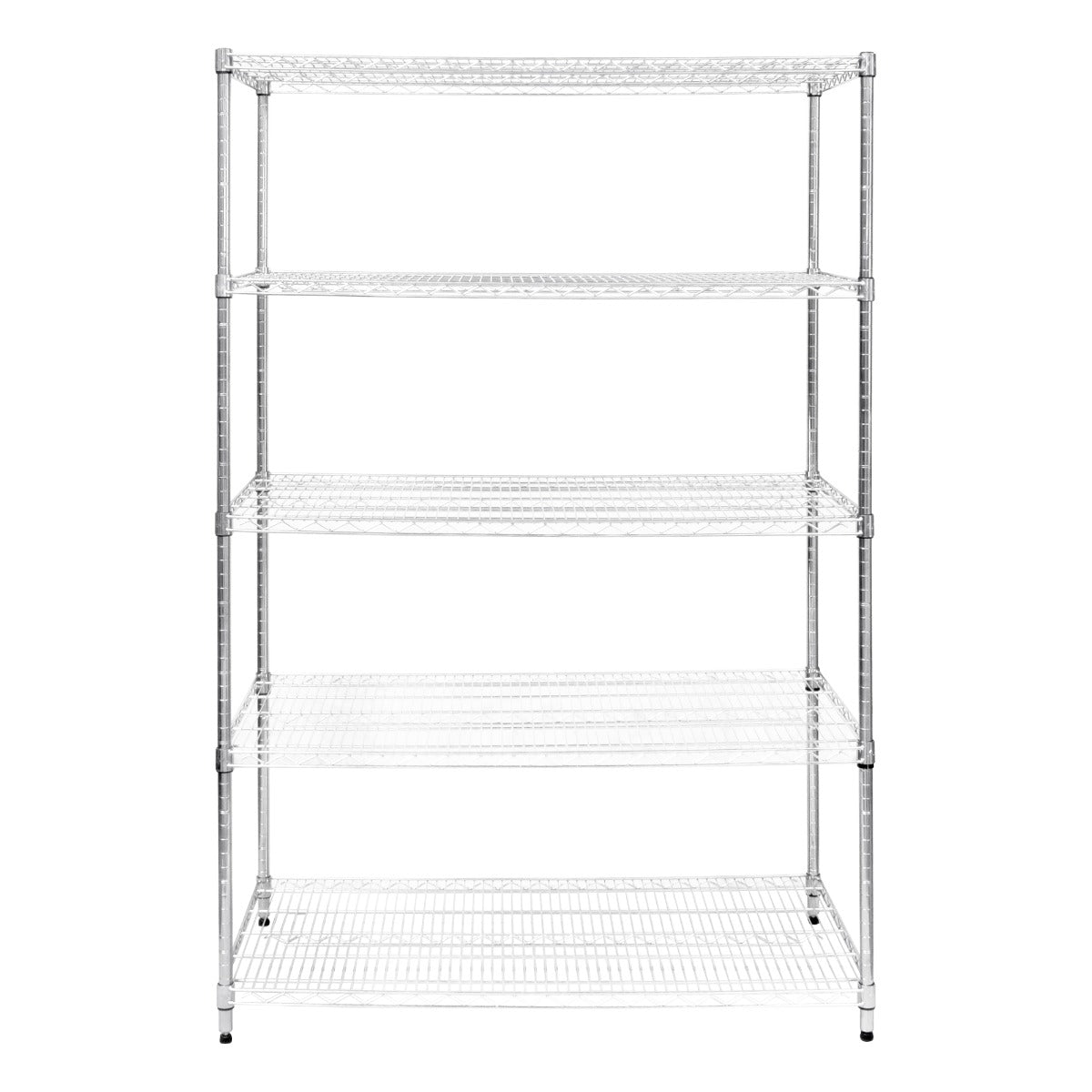 Hochwertiges, verchromtes Drahtregal mit fünf offenen Regalböden, ideal für die Aufbewahrung von Lebensmitteln oder Haushaltsgegenständen in einem modernen, minimalistischen Design