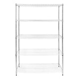Hochwertiges, verchromtes Drahtregal mit fünf offenen Regalböden, ideal für die Aufbewahrung von Lebensmitteln oder Haushaltsgegenständen in einem modernen, minimalistischen Design