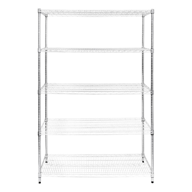 Hochwertiges, verchromtes Drahtregal mit fünf offenen Regalböden, ideal für die Aufbewahrung von Lebensmitteln oder Haushaltsgegenständen in einem modernen, minimalistischen Design
