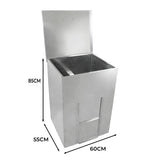Kohleeimer aus Edelstahl mit glänzender Oberfläche, rechteckiger Form, 150 kg Kapazität, Maße 85 cm hoch, 60 cm breit, 55 cm tief, ideal für Lagerung