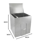 Robuster Kohleeimer aus Edelstahl mit glänzender Oberfläche, rechteckiger Form, 250 kg Kapazität, 85 cm hoch, 80 cm breit, ideal für Grillbedarf