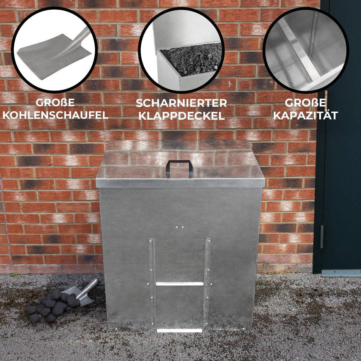 Kohleeimer aus robustem, verzinktem Stahl mit scharnierter Klappdeckel, großer Kohleschaufel und hoher Kapazität für 350 kg Kohle, ideal für Grillliebhaber