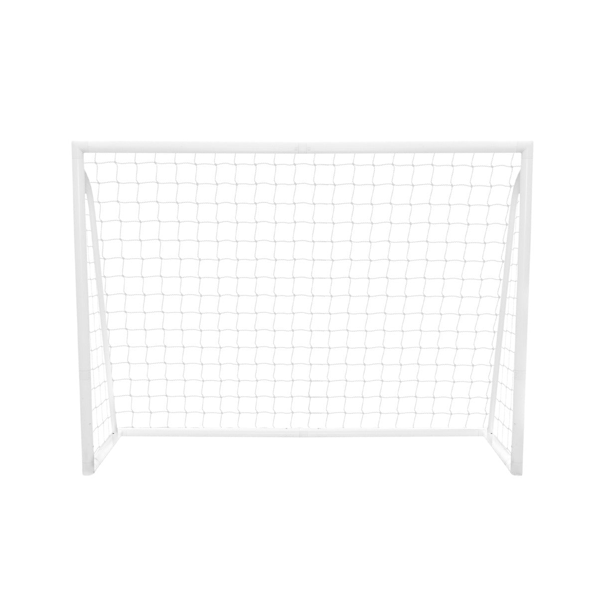 Weißes Fußballtor mit Netz, Maße 2,4m x 1,8m, stabiler Rahmen, ideal für Garten oder Sportplatz, inklusive Tragetasche und Torwand