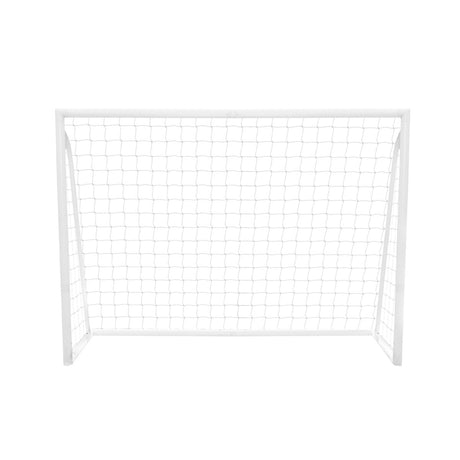 Weißes Fußballtor mit Netz, Maße 2,4m x 1,8m, stabiler Rahmen, ideal für Garten oder Sportplatz, inklusive Tragetasche und Torwand