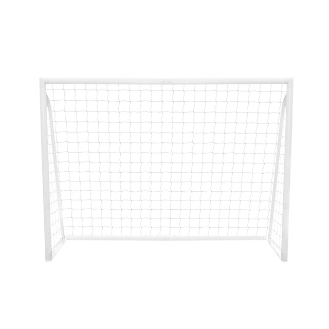 Weißes Fußballtor mit Netz, Maße 2,4m x 1,8m, stabiler Rahmen, ideal für Garten oder Sportplatz, inklusive Tragetasche und Torwand