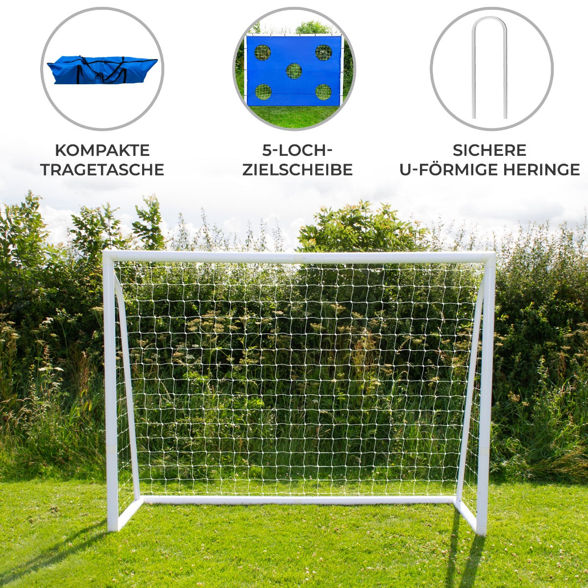Fußballtor in Weiß mit Netz, 2,4m x 1,8m, inklusive blauer Tragetasche und 5-Loch-Zielscheibe, ideal für Garten oder Sportplatz