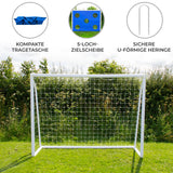 Fußballtor in Weiß mit Netz, 2,4m x 1,8m, inklusive blauer Tragetasche und 5-Loch-Zielscheibe, ideal für Garten oder Sportplatz