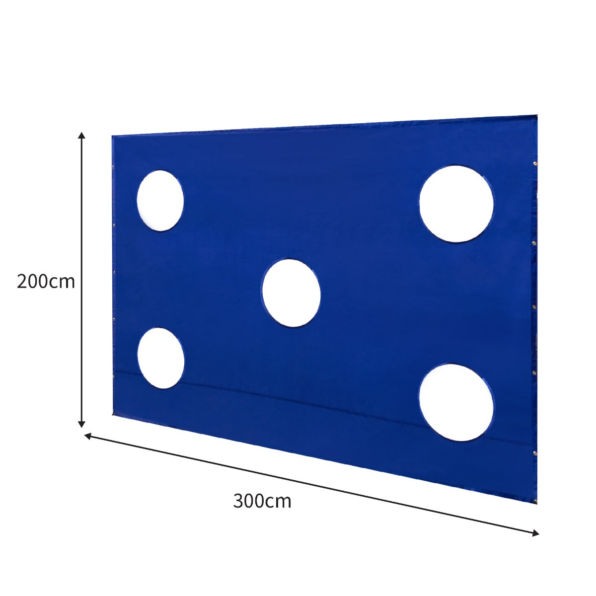 Blaues Golfkäfignetz mit fünf runden Löchern, ideal für das Üben von Zielgenauigkeit, aus strapazierfähigem Material, misst 300 cm x 200 cm