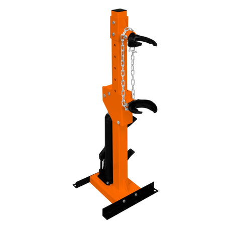 Hydraulischer Federbein-Kompressor in leuchtendem Orange mit stabiler Basis, zwei Haken und einer Kette für sicheres Arbeiten an Fahrzeugfederbeinen