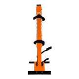 Hydraulischer Federbein-Kompressor in leuchtendem Orange mit stabiler schwarzer Basis, Kettenhalterungen und Fußpedal für einfache Bedienung