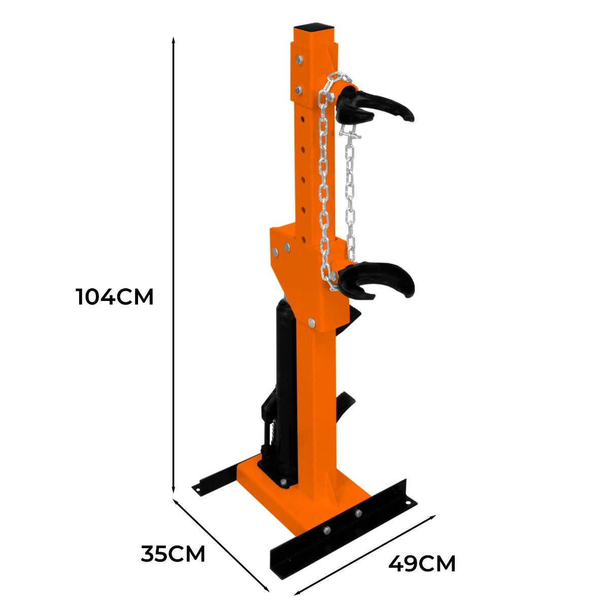 Hydraulischer Federbein-Kompressor in leuchtendem Orange mit stabiler Basis, Kettenhalterung und robusten Greifarmen, ideal für 3-Tonnen-Anwendungen