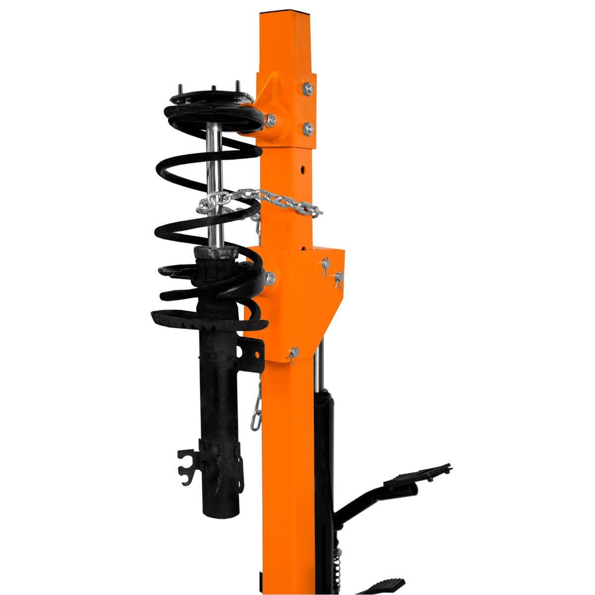 Hydraulischer Federbein-Kompressor in leuchtendem Orange mit stabiler Metallkonstruktion, spiralförmiger Feder und robustem Griff für einfache Handhabung