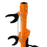 Hydraulischer Federbein-Kompressor in leuchtendem Orange mit schwarzen Greifarmen, stabiler Konstruktion und Kette zur Sicherung, ideal für Werkstätten