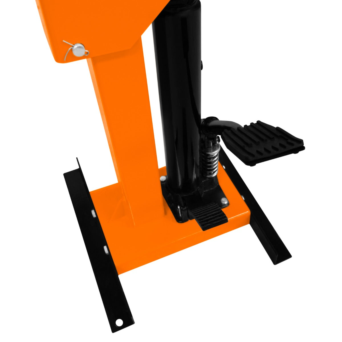 Hydraulischer Federbein-Kompressor in leuchtendem Orange und Schwarz, mit stabiler Basis und Fußpedal für einfache Bedienung und hohe Sicherheit