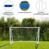 Fußballtor in Weiß mit Netz, 1,8m x 1,2m, inklusive blauer Tragetasche und grünem 5-Loch-Zielblatt, ideal für Garten oder Sportplatz