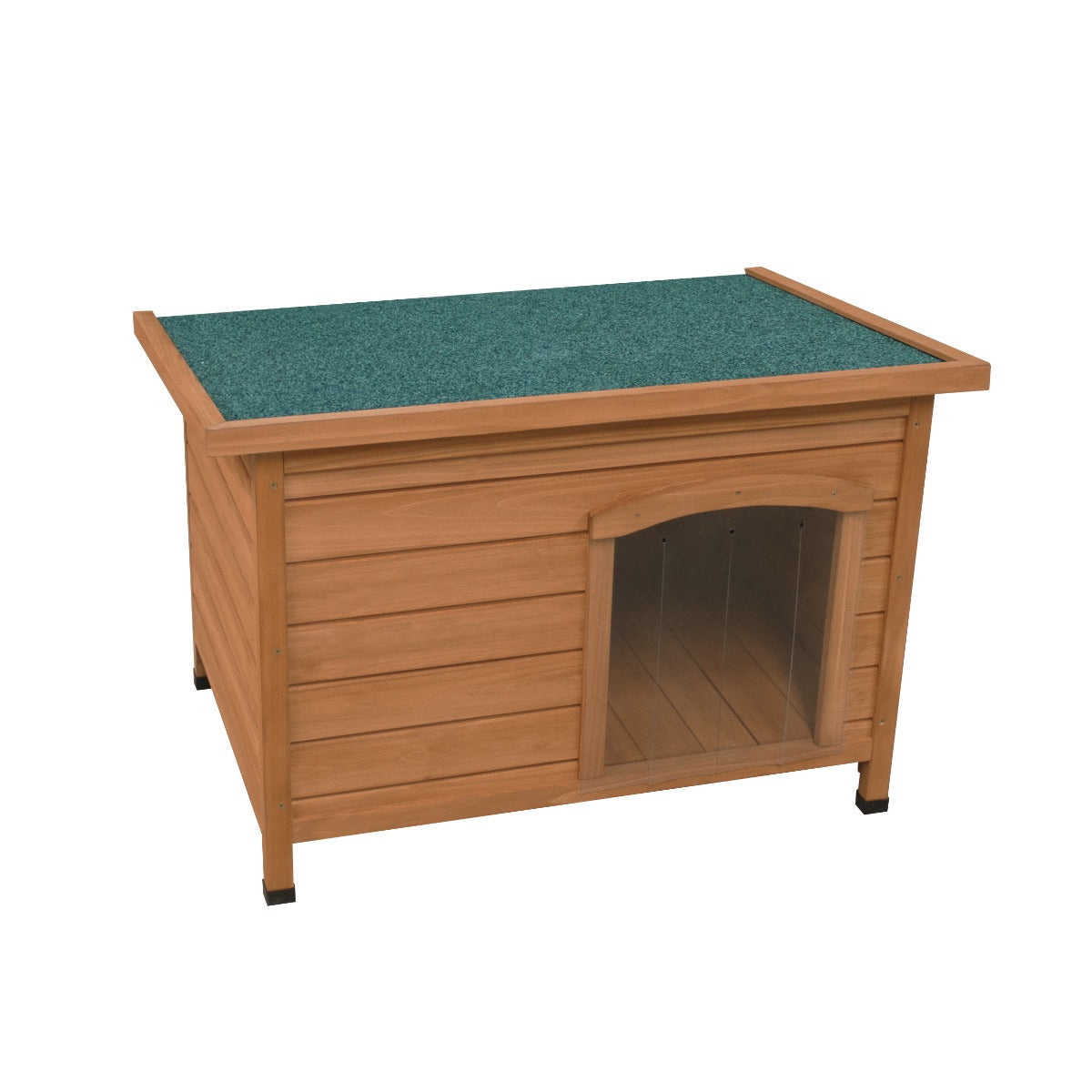 Kleine Hundehütte aus Holz mit grünem Dach, rechteckiger Form, stabilen Füßen und einem Eingang mit transparenter Front für Sichtschutz