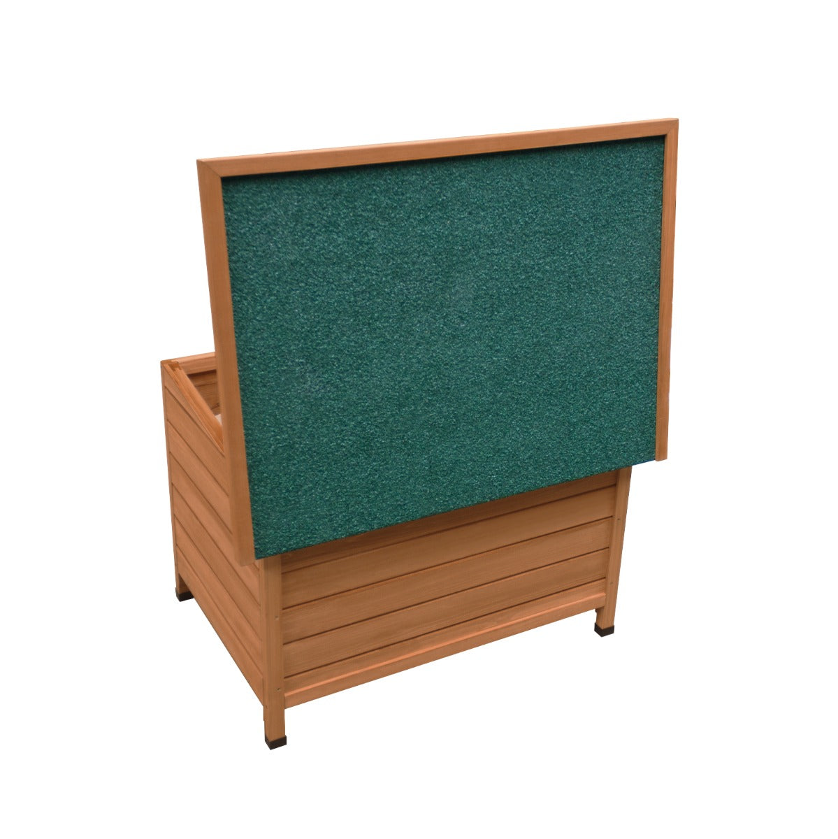 Kleine Hundehütte aus hellem Holz mit grünem, strukturierter Rückwand, ideal für den Außenbereich und wetterfest gestaltet
