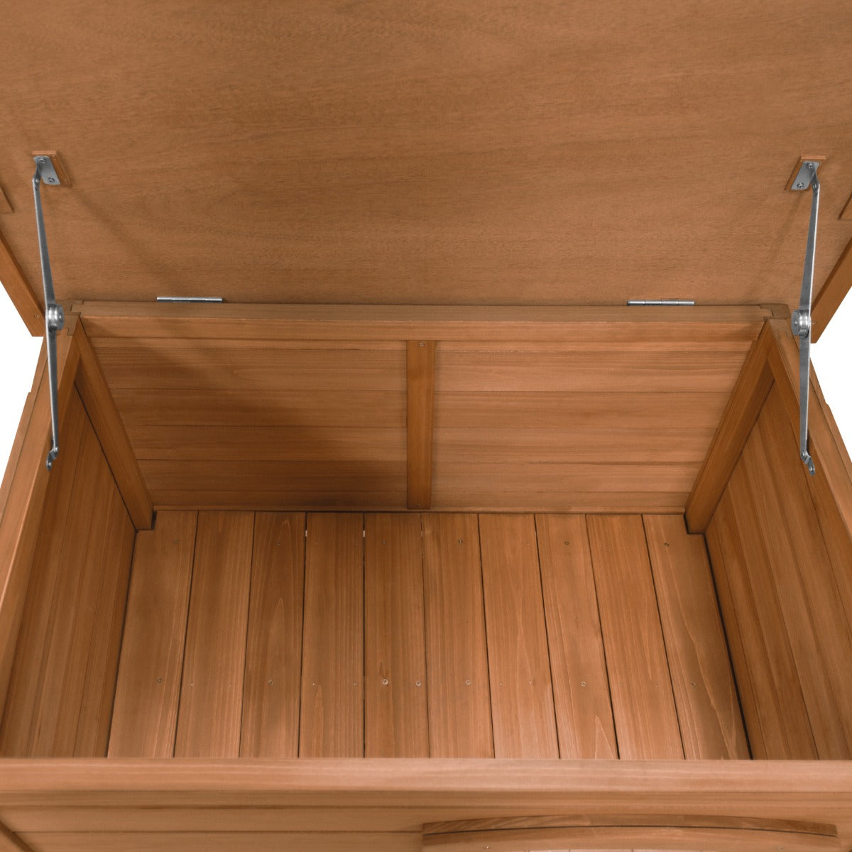 Innenansicht einer kleinen Hundehütte aus hellem Holz mit glatten, vertikalen Wänden und einem stabilen Deckel, der leicht geöffnet ist