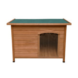 Mittelgroße Hundehütte aus hellem Holz mit grünem Dach, rechteckiger Form und transparentem Eingang, ideal für den Schutz Ihres Hundes