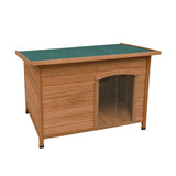 Hochwertige mittelgroße Hundehütte aus Holz mit grünem, wetterfestem Dach und transparenter Front, ideal für den Außenbereich und komfortabel für Hunde
