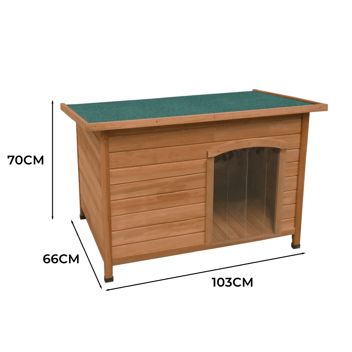 Hochwertige Hundehütte aus Holz mit grünem Dach, transparentem Eingang und stabilen Füßen, ideal für mittelgroße Hunde, Maße 103x66x70 cm