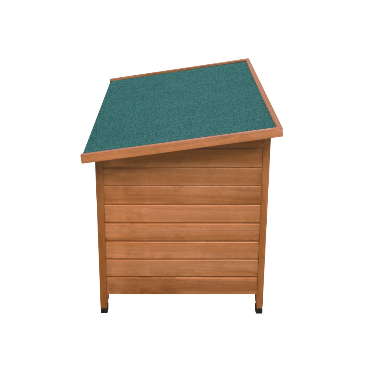 Mittelgroße Hundehütte aus Holz mit grünem, schrägem Dach, stabiler Bauweise und glatter, natürlicher Holzoberfläche
