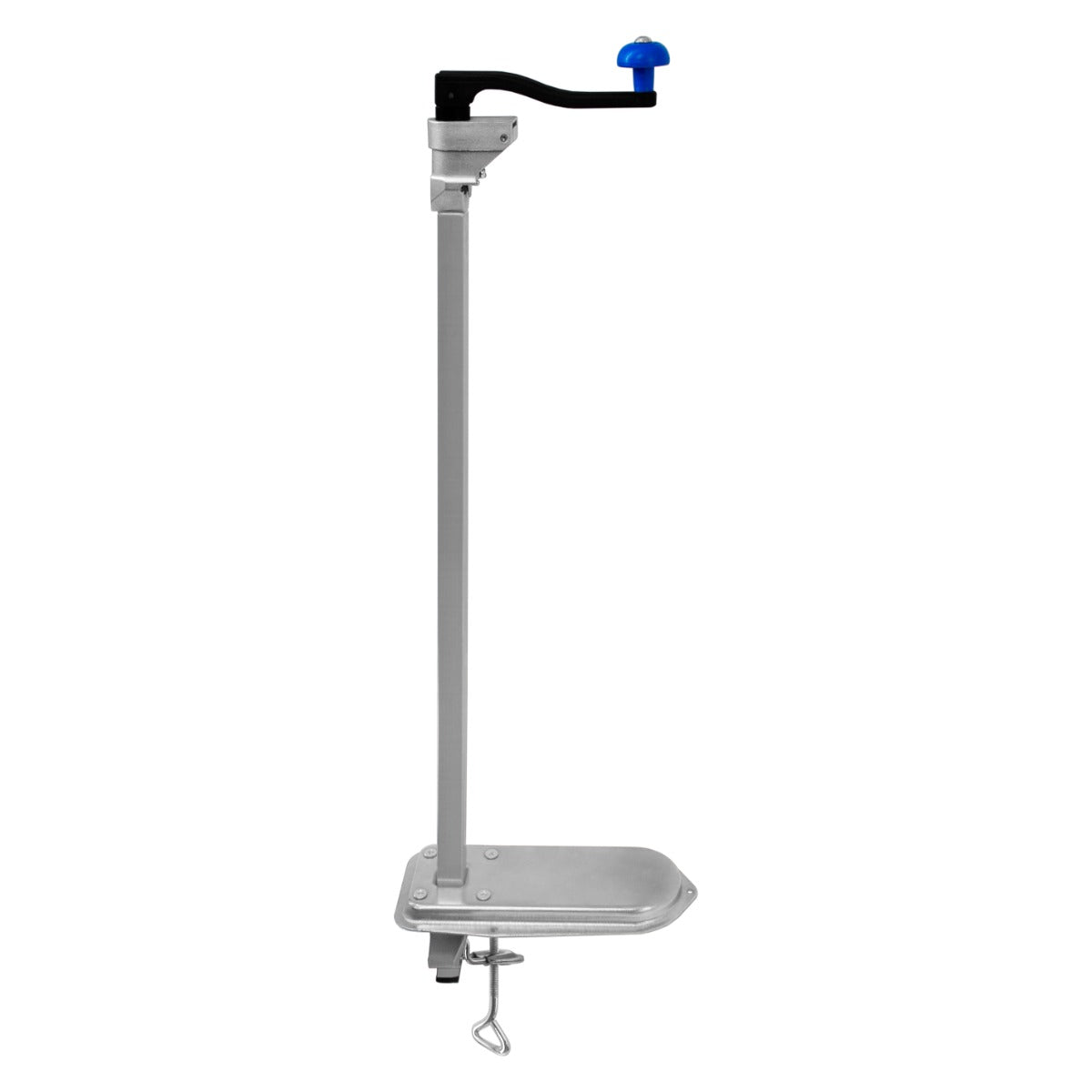 Robuster Tischdosenöffner aus silbernem Metall mit schwarzem Griff und blauer Drehknopf, ideal für müheloses Öffnen von Konservendosen