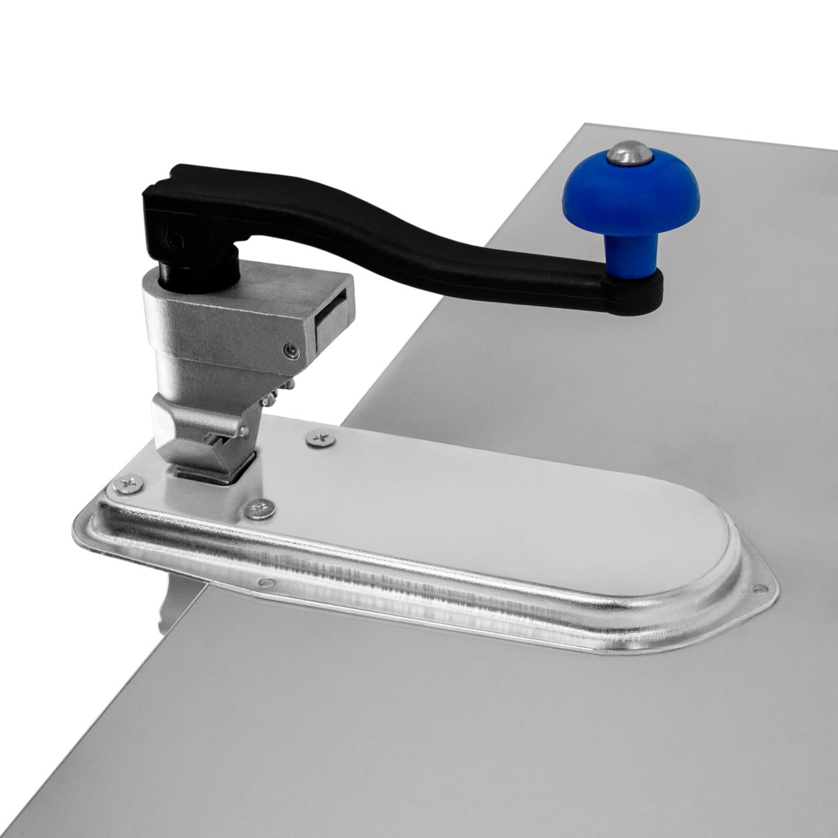 Robuster KuKoo Profi Tischdosenöffner mit silberner Metallbasis, schwarzem Hebel und blauer Kunststoffknopf für einfaches Öffnen von Dosen