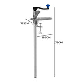 Robuster Tischdosenöffner aus silbernem Metall mit blauer Handkurbel, Höhe 76 cm, für müheloses Öffnen von Konservendosen in der Küche