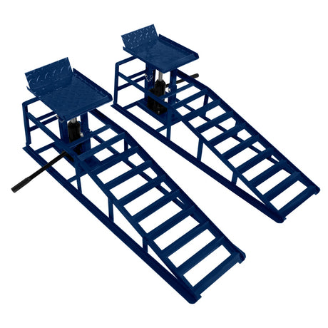 Auffahrrampen Set mit hydraulischem Wagenheber in leuchtendem Blau, robustes Metall, rutschfeste Oberfläche, ideal für Fahrzeuge bis 3 Tonnen