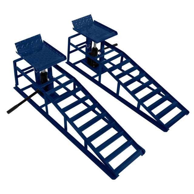 Auffahrrampen Set mit hydraulischem Wagenheber in leuchtendem Blau, robustes Metall, rutschfeste Oberfläche, ideal für Fahrzeuge bis 3 Tonnen