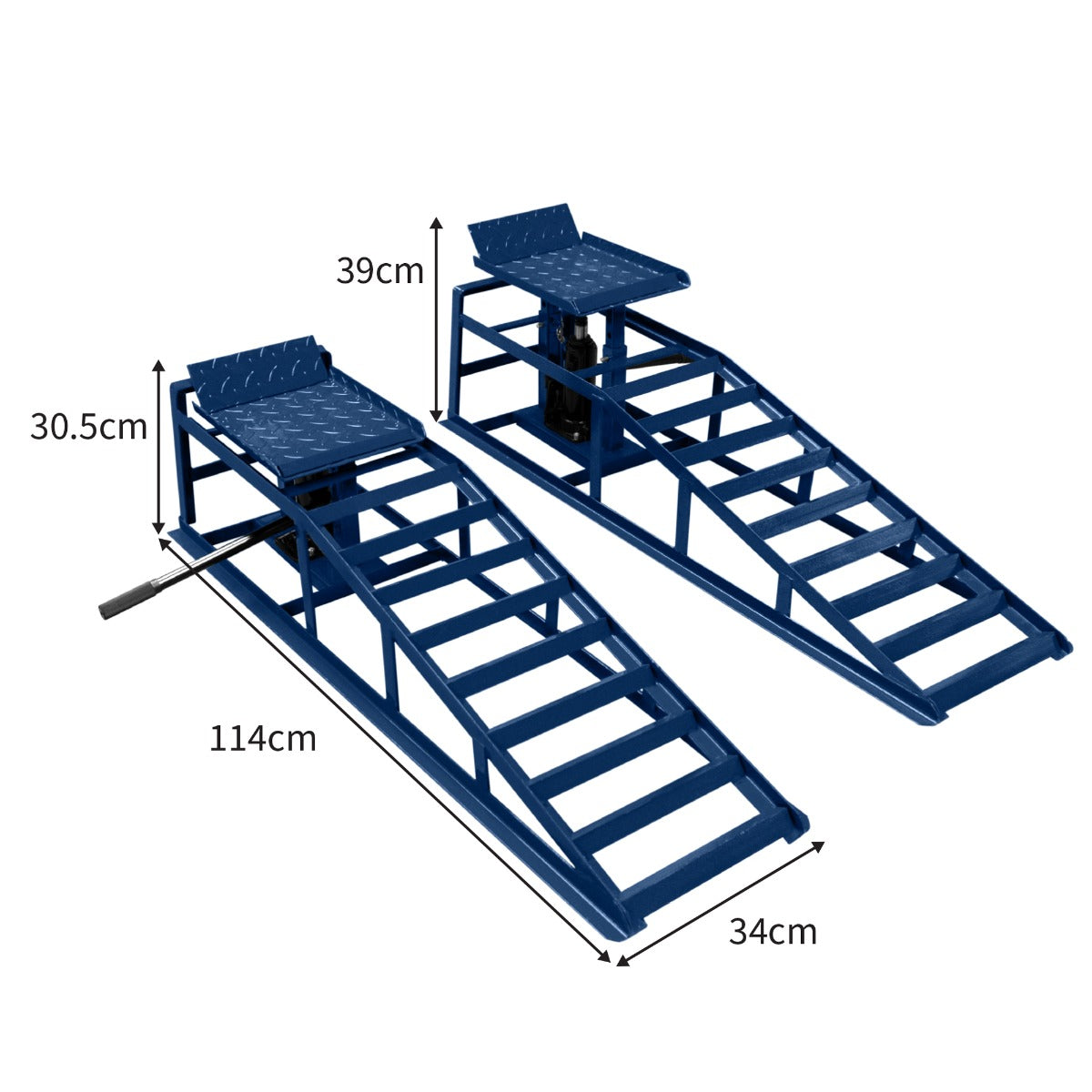 Auffahrrampen Set in Blau mit hydraulischem Wagenheber, robustes Metall, rutschfeste Oberfläche, ideal für Autos bis 3 Tonnen, Maße 114 cm x 34 cm x 30,5 cm