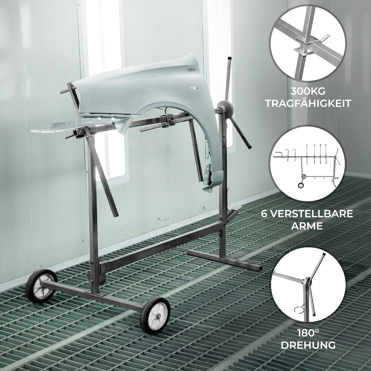 Drehlackierständer aus robustem Metall, grau lackiert, mit 6 verstellbaren Armen und 180° Drehfunktion, ideal für Lackierarbeiten bis 300 kg